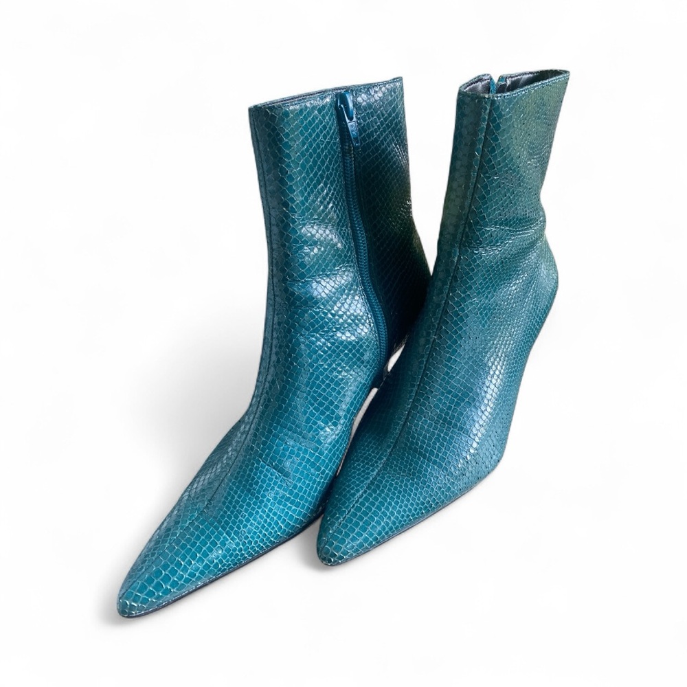 Authentic Gianni Bini Real Snakeskin Dark Aqua Pointed Toe Kitten Heel Boots9” - Picture 13 of 13